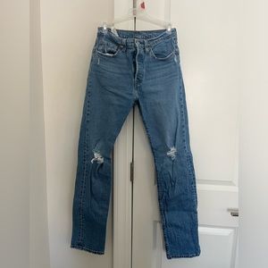 Levi’s 501 Women’s Dark Wash Distressed Straight Legged Denim Jeans w/Button Fly